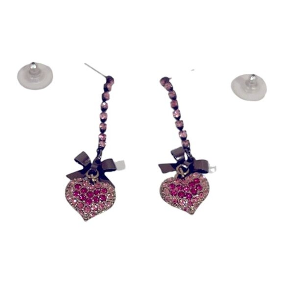 Betsey Johnson Y2K VINTAGE Pink Rhinestone Hearts and Bows Earrings - Picture 8 of 8